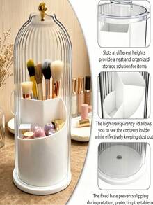 Makeup Brush Storage Rack With Lid | 360° Rotating Dust-Proof ABS Storage Box, 3-Compartment Sliding Cover Toothbrush Holder, Non-Slip Base Design; Multi-Functional Space-Saving Storage Tube, Can Store Makeup Brushes, Toothpaste, Suitable For Vanity, Bathroom, Home, Dorm, Apartment - Multicolor - View 4