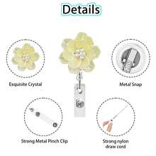 1pc 3D Pearl Crystal Flower Core Retractable Rotating Badge Reel With Crocodile Clip, ID Card Holder Gift - Multicolor - View 3