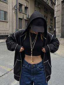 Y2K街頭風女款寬鬆黑色對比縫線拉鍊連帽外套，復古鬆弛長袖針織運動衫，休閒基礎日常穿搭 - 黑色 - 查看 3