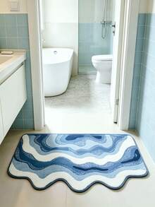 Blue Ocean Wave Bathroom Mat, Creative Nordic Style, Fluffy Soft Plush, Comfortable Foot Feel Faux Cashmere Soft Texture Mat, Non-Slip Bottom, Suitable For Versatile Soft Door Mat, Makeup Mat, Cozy Entryway Mat, Bathroom Bath Mat, Bathtub Mat, Home Bedroom, Bay Window Mat, Bedside Rug, Washing Machine Mat, Machine Washable. Note: There May Be Creases During Packaging And Shipping, The Product Is Printed With A White Bottom, Short Plush, Please Consider Carefully Before Purchasing. - Blue - View 1