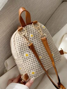 Dedoo 迷你花卉刺繡草編包，適合夏季海灘度假，後背包，大容量，筆電隔層，便攜，適合青少年女孩、女性、大學生 - 米色 - 查看 3