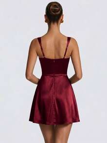 Women's Elegant Sexy Satin Fitted Mini Dress, Elegant Sleeveless Square Neck, Ruched Bust Design, Sexy Party Ball Outfit Wedding Fall - Burgundy - View 6