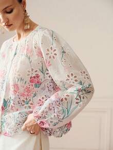 Camisa de manga larga con botones estilo francés premium nueva de veranodiseño de cuello redondo, manga farol holgada, para ir al trabajo en primavera y verano, reuniones casuales - Multicolor - Ver 4