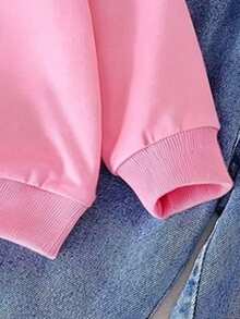 Young Girl Cartoon Print Crew Neck Sweatshirt And Denim Jeans - Pink - View 6