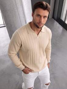 GRDR 1pc Men's Airplane Collar Ribbed Knit Sweater, Long Sleeve Turn-Down Collar Knit Top, Autumn/Winter - Apricot - View 3