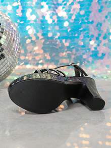 Women's Shiny Rhinestone Strap Thick Sole Chunky Heel Sandals, Cross Rhinestone Buckle High Heels For Party And Wedding - Black - View 7