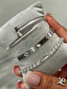 1/3pcs Luxury Stainless Steel Clover Bangle Bracelet Set, Vintage Clover Chain Bracelet Jewelry Set, Suitable For Women Daily Wear, Gift, Party, Fashion Christmas Present - Silver - View 2