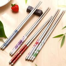 Multi-Color Floral Print Stainless Steel Chopsticks Set, Non-Slip Reusable Korean & Japanese Style Dining Chopsticks - View 9