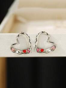 1 Pair Textured Hollow Heart Stud Earrings, Colorblock Sweet Girl Style, Versatile Delicate Daily Earrings - Love Earrings - View 7