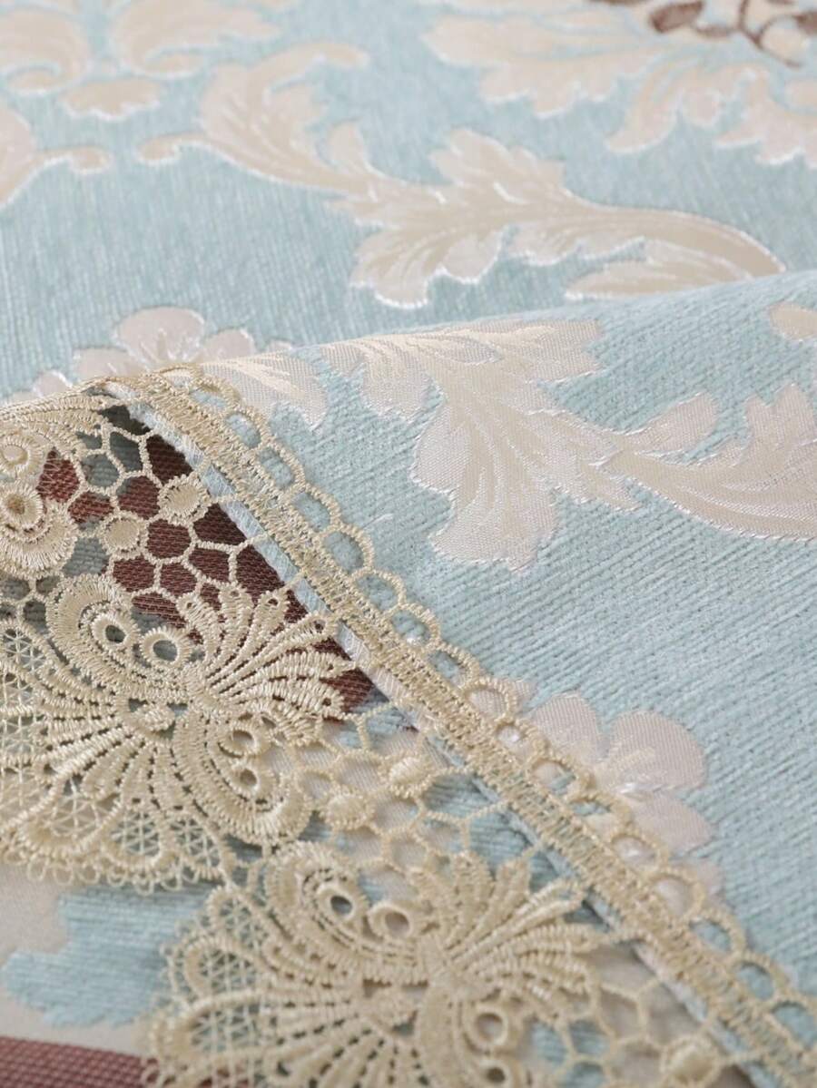 HXARTMIS 1PC Vintage Floral Lace Trim Square Tablecloth, Light Blue Jacquard Pattern Washable Fabric Dining Table Cover, Suitable For Restaurant Kitchen Home Decor - Baby Blue - View 1
