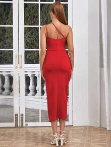 Sexy Asymmetric Neck V-Neck Ruffle Shoulder Pleated Backless Dress - Red - View 2