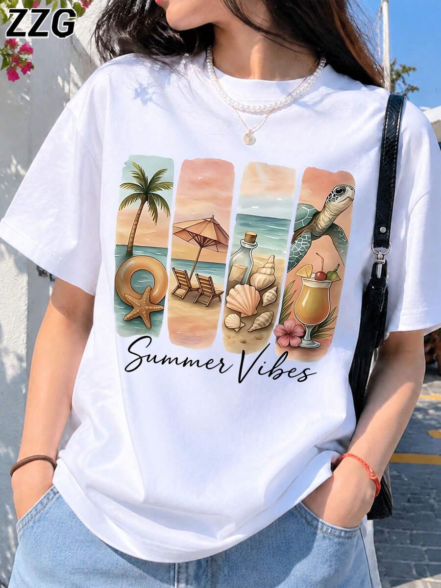 ZZG 女款夏季海灘風海龜椰子樹圖案圓領短袖T恤 休閒度假基礎上衣 - 白色 - 查看 1