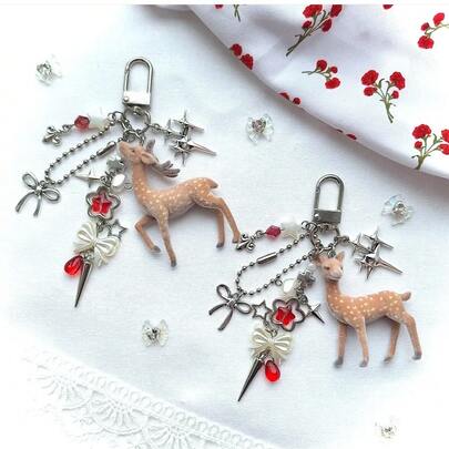 Korean Style Flocked Deer Keychain Pendant With Beaded Bow And Star Bag Charm, Cute Animal Backpack Hanging Chain, Y2K Sweet Style Handbag Decoration Gift