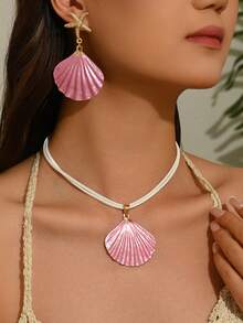 1 Set 3pcs Sweet Ocean Beach Vacation Style Oil Drop Creative Iridescent Starfish Shell Pendant Earrings Necklace Set Suitable For Women Daily Wear, Vacation, Party - Pink - View 2