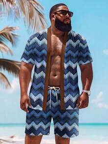 Plus Size Men's Summer Beach Vacation Colorblock Serrated Print Short Sleeve Kimono Cardigan And Drawstring Waist Shorts Set - Multicolor - View 1