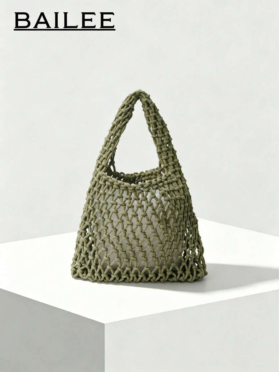 BAILEE Fashionable Colorful Polyester Yarn Hand-Woven Patterned Handbag With Ocean Charm, Suitable For Vacation