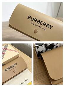 1pc Burberry Hard Artificial Leather Eyeglass Case, Fashion Eyeglass Case With Cleaning Cloth Gift Box Set - Khaki - View 8