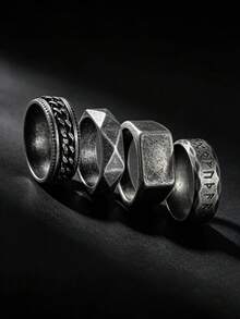 4-Piece Set Of Vintage Antique Silver Chain Stainless Steel Men's Rings, Men's Jewelry Accessory Set, Suitable For Everyday Wear, Special Rings - Four-piece Set - View 4