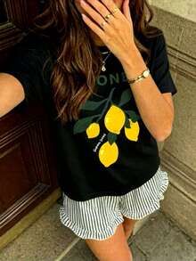 2pcs Women's Printed Short Sleeve Top + Elastic Waist Shorts Pajama Set - Black - View 2