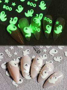 2pcs Halloween Glow-In-The-Dark Ghost Nail Stickers, Cute Mini "Boo" And Ghost Pattern, Self-Adhesive Nail Art Decoration Stickers, Halloween Shiny Party Nail Decor, DIY 3D Nail Salon Stickers - Multicolor - View 2