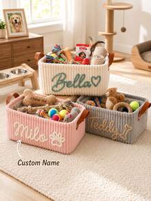 Customizable Storage Basket Personalized Dog Toy Bin Corduroy Pet Storage Basket With Name Customization Portable Handle Desktop Organizer Clothing Storage Home Decor Perfect Gift Laundry Basket - Multicolor - View 2