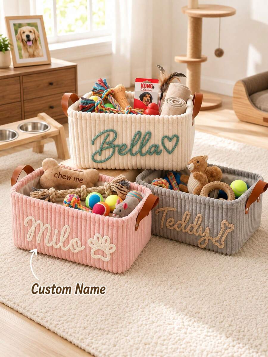 Customizable Storage Basket Personalized Dog Toy Bin Corduroy Pet Storage Basket With Name Customization Portable Handle Desktop Organizer Clothing Storage Home Decor Perfect Gift Laundry Basket - Multicolor - View 1