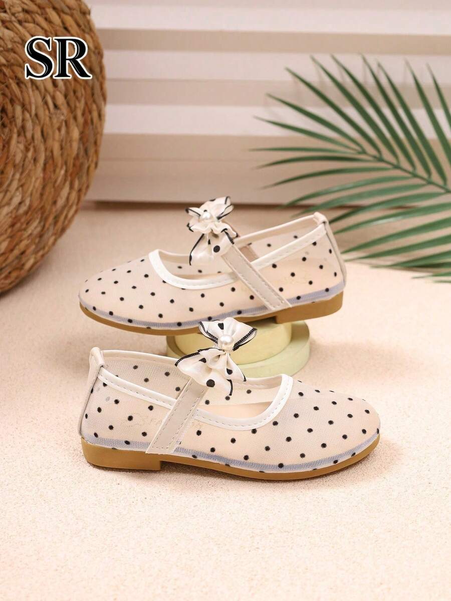 Girls' Polka Dot Mesh Bow Mary Jane Flats, Comfortable & Breathable, Elegant & Versatile, Suitable For Daily And Outdoor Wear