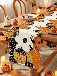 1pc Halloween Linen Table Runner, 183*33cm Colorful Pumpkin Pattern Polyester Table Runner, Halloween Decoration, Halloween Party Dining Table Decor, Home Decor, Halloween Candy Decor, Happy Halloween Decoration, Dining Table Centerpiece, Scary Halloween Decor, Tabletop Decoration - Multicolor - View 2