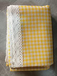 Yellow And White Plaid Picnic Mat With Lace Trim, Outdoor Lawn Camping Portable Waterproof Mat, Home Dining Table Decor Fabric Tablecloth, Multiple Sizes Available - Yellow Checkered - View 10