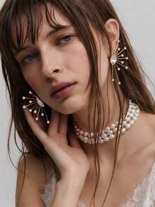 1pc Exaggerated Dangle Earrings With Radiating Starburst Rhinestones, Elegant Shiny Ear Jewelry For Women, Wedding Bride Evening Party - EH3618 - View 3