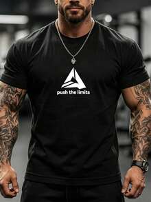 Kaos Olahraga Pria Lengan Pendek Kerah Bulat dengan Kutipan Inspiratif Sederhana "Break Limits" untuk Musim Panas, Pakaian Olahraga, Gym - Hitam - View 1
