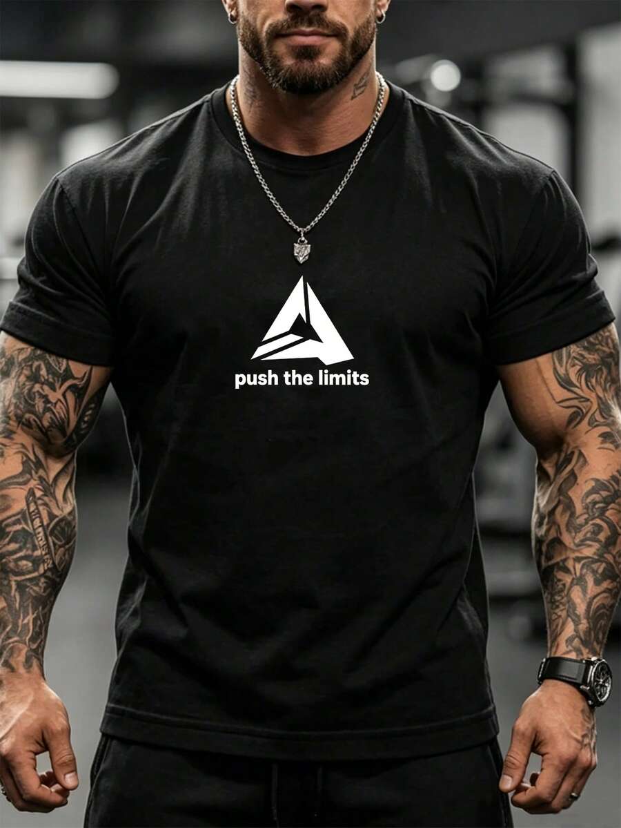 Kaos Olahraga Pria Lengan Pendek Kerah Bulat dengan Kutipan Inspiratif Sederhana "Break Limits" untuk Musim Panas, Pakaian Olahraga, Gym - Hitam - View 1