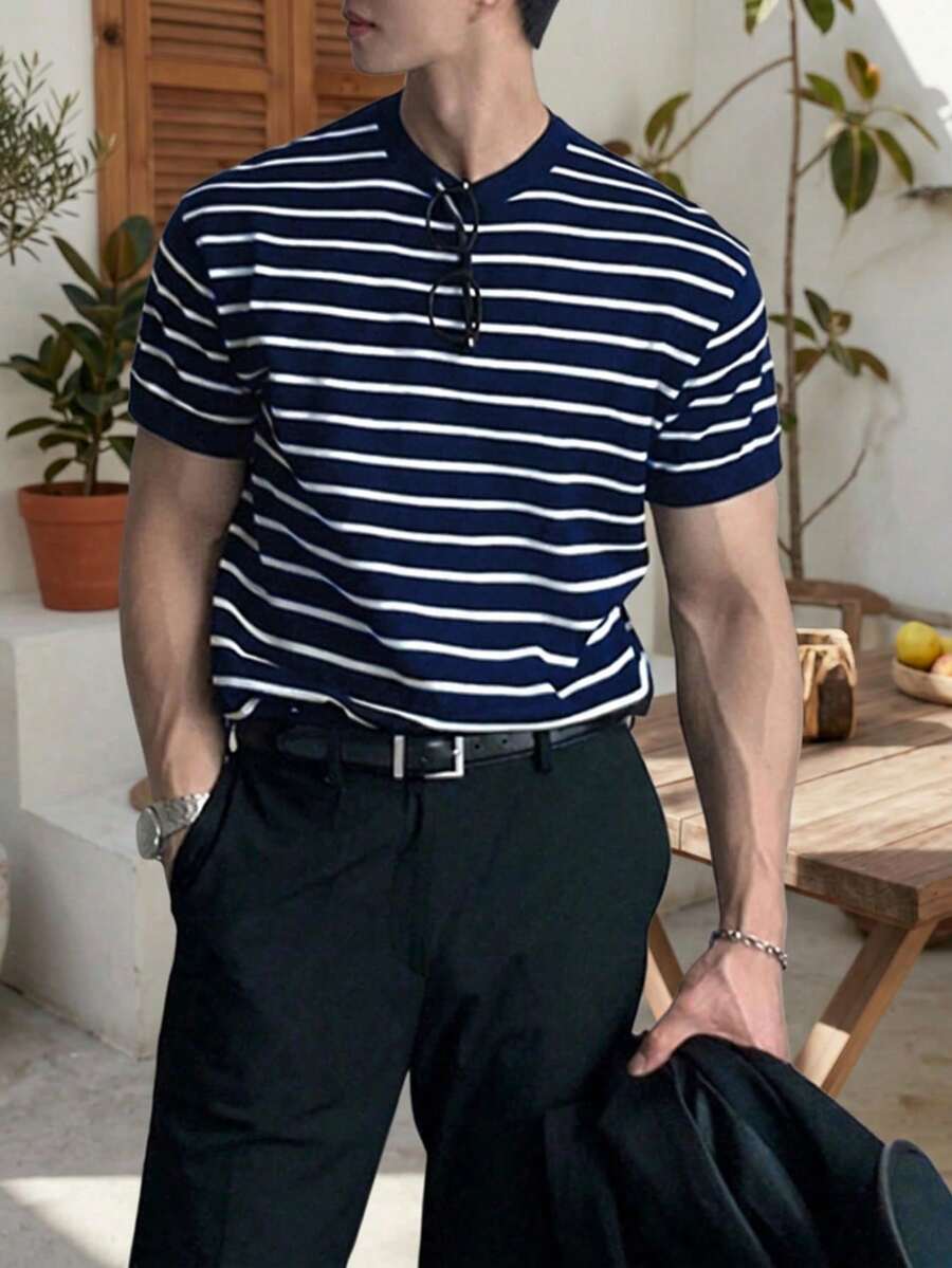 ALTZTAR 宽松轻薄条纹针织圆领短袖T恤,休闲商务修身男士夏季清凉T恤 - 藏蓝色 - 查看 1