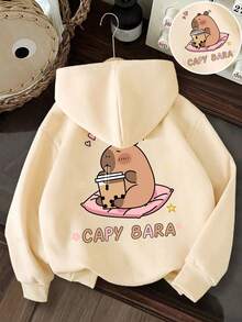 Young Girl Capybara Print Warm Sports Sweatshirt - Apricot - View 1