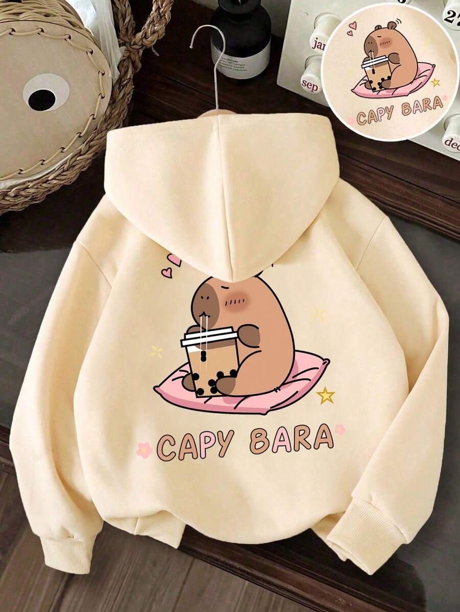 Young Girl Capybara Print Warm Sports Sweatshirt - Apricot - View 1