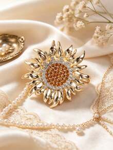 1pc Sparkly Sunflower Lapel Pin Brooch, Vintage Floral Statement Jewelry For Women Girls, Gold Brooch For Outfit Decor Party Holiday Gifting - Sunflower Type a - View 7