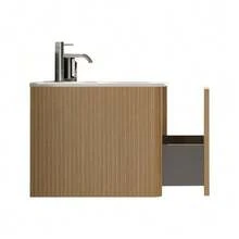 Washbasin With Vanity Unit For Small Bathrooms, Mineral Cast Basin, Grooved Design, 60cm Wall-Mounted Bathroom Unit, Natural Oak Color, Pre-Assembled - 駝色 - 查看 7
