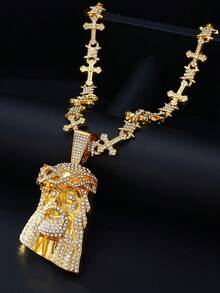 Iced Out Jesus Face Pendant Cross Cuban Chain Necklace, Gold Silver Two Tone Hip Hop Rhinestone Religious Jewelry For Men - Jesus Head Cross Hip Hop Necklace - View 5