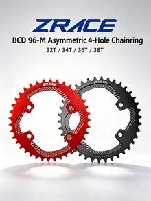 ZRACE BCD96-M 非對稱山地車鏈盤 32T/34T/36T/38T，4孔山地車曲柄組碟盤，黑色/紅色 - 黑色 - 查看 2