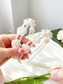 1pc Cute White Rose Pearl Double Layer Headband, Elegant Floral Beaded Hairband For Girls, Sweet Daily Hair Accessory - 1 Piece Of Super Fairy Pearl Headband - View 1