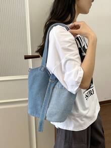 Vintage Colorblock Washed Canvas Tote Bag, Handheld & Crossbody, Cargo Style Style, Large Capacity Student Commuter Bag - Blue - View 5