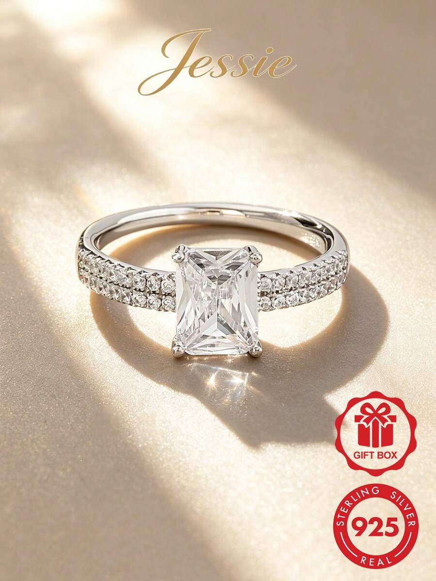 Vaerine 1件時尚優雅925純銀長方形主石戒指,訂婚派對聚會禮物 - 銀色 - 查看 1