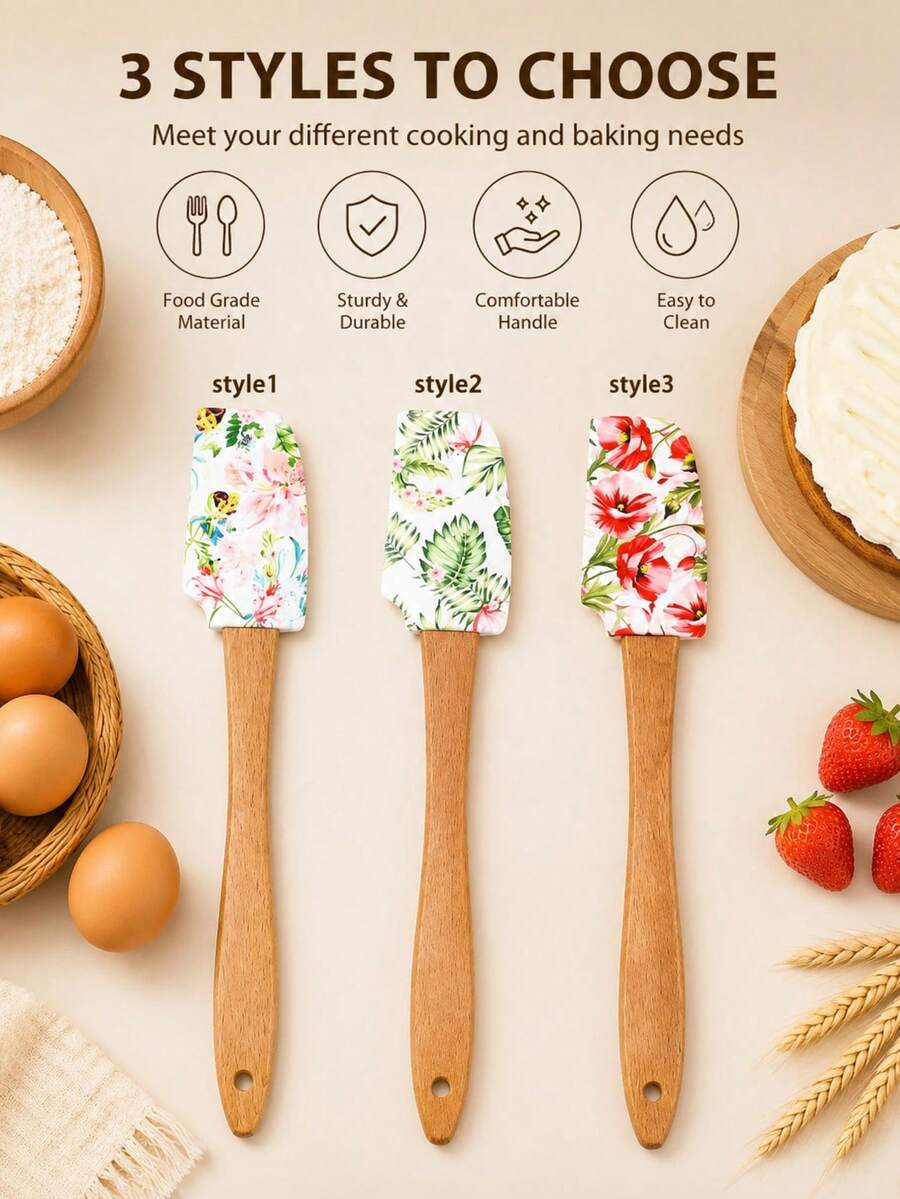 5/1 Printed Silicone Scraper, Detachable Wooden Handle, Kitchen Baking Tool, Home Cooking Utensil, Multiple Patterns Available