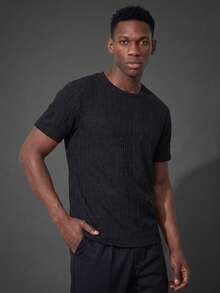 Camvyn Men's Summer Casual Fashion Versatile Jacquard Slim Fit Short Sleeve T-Shirt - Black - View 1