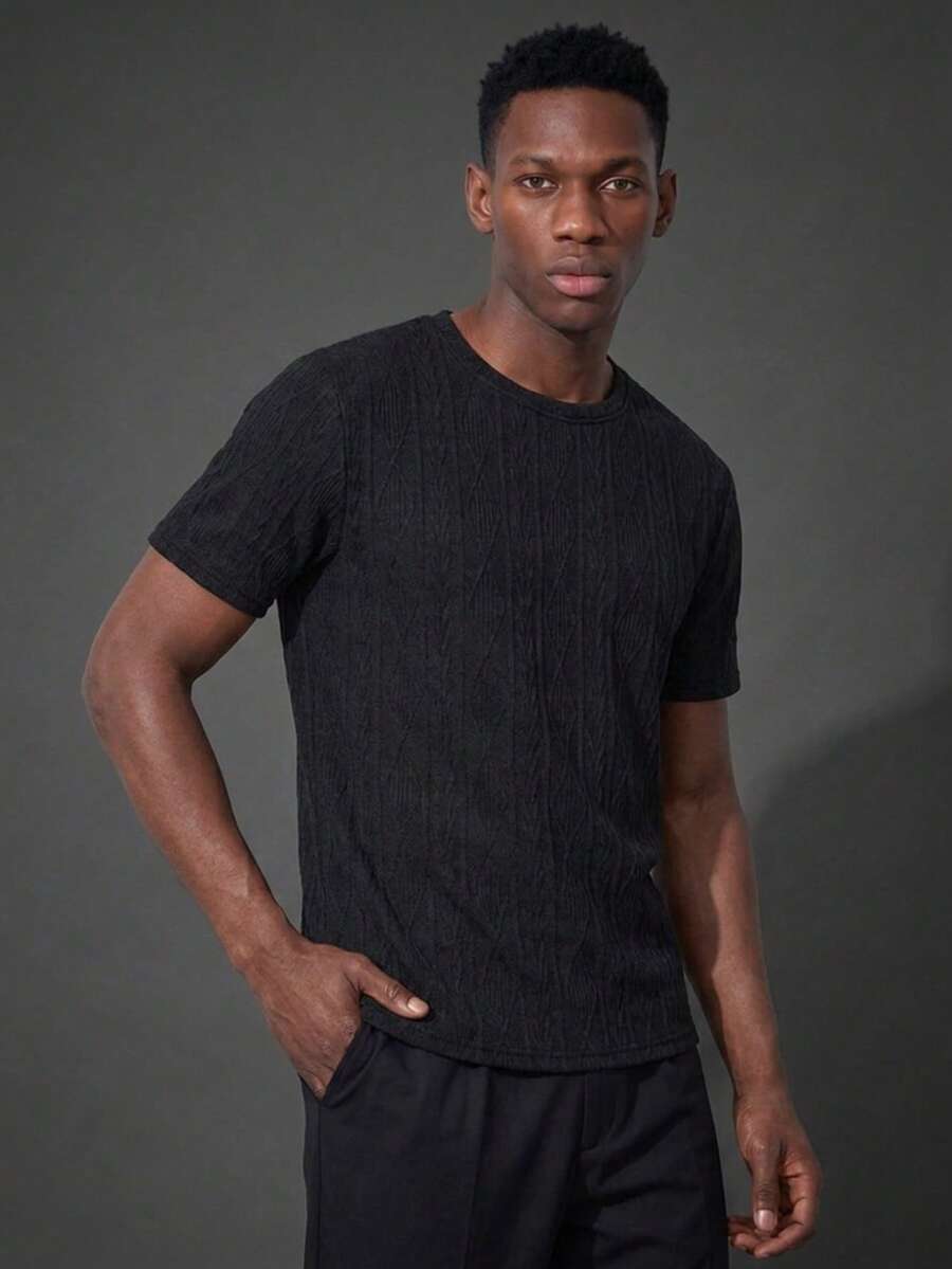 Camvyn Men's Summer Casual Fashion Versatile Jacquard Slim Fit Short Sleeve T-Shirt - Black - View 1