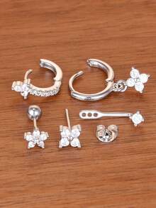 4PCS Exquisite Stainless Steel Zirconia Round Hoop Earring Set For Women Temperament Flower Ear Stud Cartilage Piercing Jewelry - 4PCS - Silver - View 4