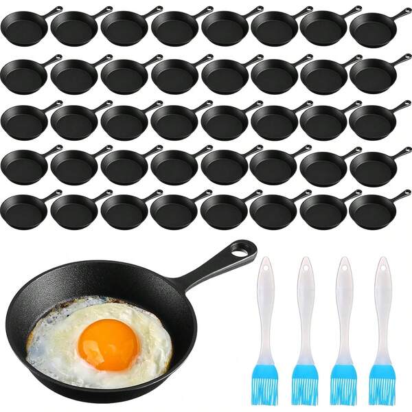40 Sets de Sartenes de Hierro Fundido de 4 Pulgadas Mini Sartenes de Hierro Negro Antiadherentes Pequeñas Placas de Siseo Sartenes para Huevos Olla de Hierro Fundido Paquete con Brocha de Aceite para Variante 1