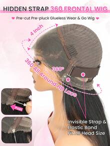 Wig Rambut Manusia Lurus Yaki dengan Tali Tersembunyi, Kepadatan 180%, Tanpa Lem, Wig Siap Pakai, Wig Lace Frontal Pra-cabut dan Pra-potong untuk Wanita - Natural Black - View 8