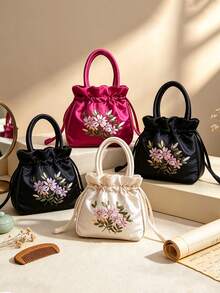 Tas Tangan Serut Bordir Vintage, Dompet Perhiasan Vintage dengan Kancing Bunga Delima, Tas Clutch Kecil Bordir, Tas Penyimpanan Multifungsi Wanita, Tas Penyimpanan Perhiasan Bordir, Dompet Koin, Tas Ember Ibu dengan Bordir Tali Serut, Dapat Digenggam/Digantung di Pergelangan Tangan, Praktis untuk Penyimpanan Kartu, Koin, dan Barang Kecil Sehari-hari, Gaya Vintage Cocok untuk Berbagai Pakaian - MultiWarna - View 2