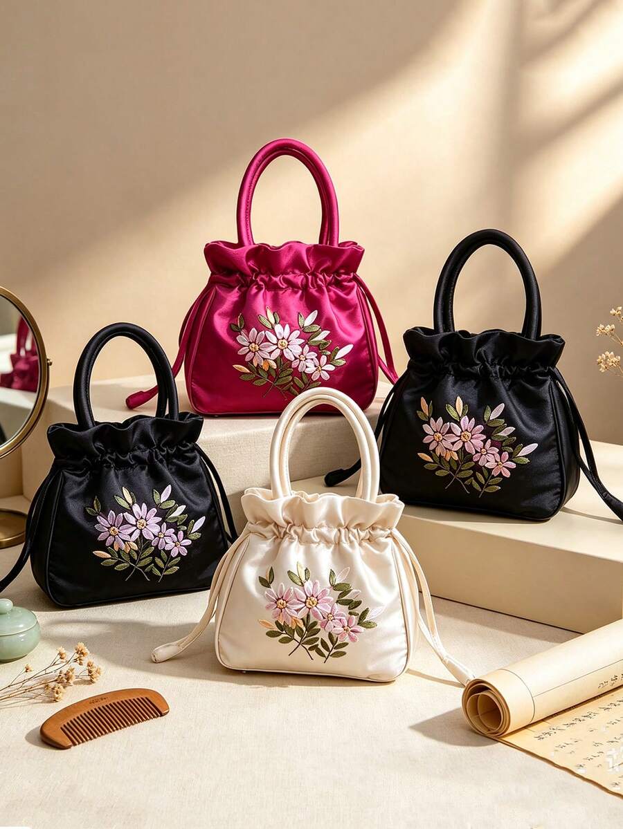 Tas Tangan Serut Bordir Vintage, Dompet Perhiasan Vintage dengan Kancing Bunga Delima, Tas Clutch Kecil Bordir, Tas Penyimpanan Multifungsi Wanita, Tas Penyimpanan Perhiasan Bordir, Dompet Koin, Tas Ember Ibu dengan Bordir Tali Serut, Dapat Digenggam/Digantung di Pergelangan Tangan, Praktis untuk Penyimpanan Kartu, Koin, dan Barang Kecil Sehari-hari, Gaya Vintage Cocok untuk Berbagai Pakaian